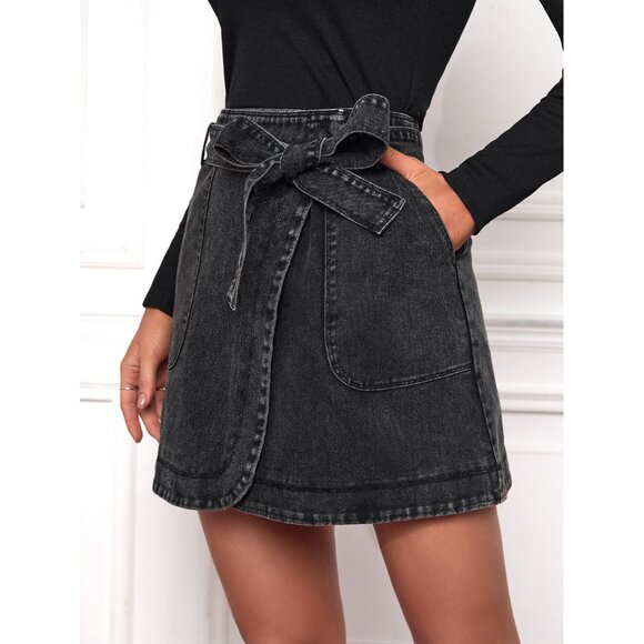 Wrap skirt denim mini skirt bow waist tie belt - Picture 1 of 2